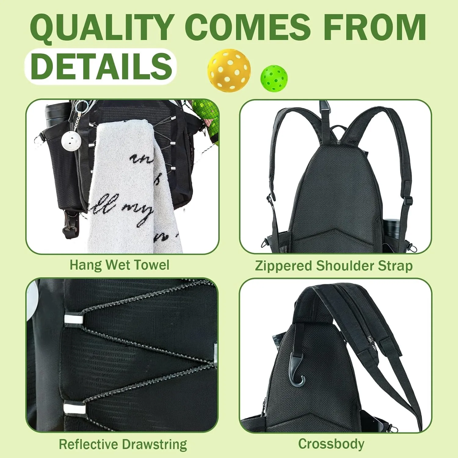 Pickleball Bag with Integrated Hook,18" x 10" Waterproof Pickleball Bags for Women for Men, Backpack & Crossbody Includes Pickleball Storage Bag and Keychain (Black)