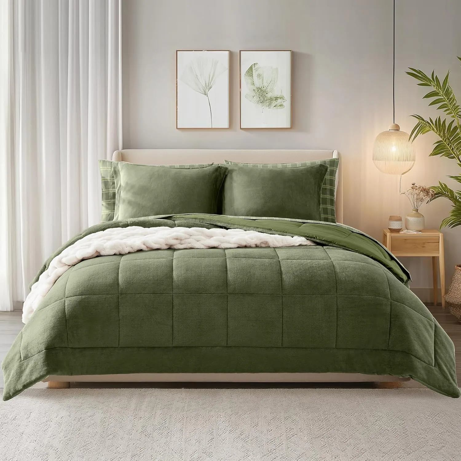 Plush Queen Comforter Set Bed in a Bag, Moss Green Flannel Velvet Comforter Sets 7 Pieces, Soft Warm Bedding Set with Comforter, Fitted&Flat Sheets, Pillowcases&Shams