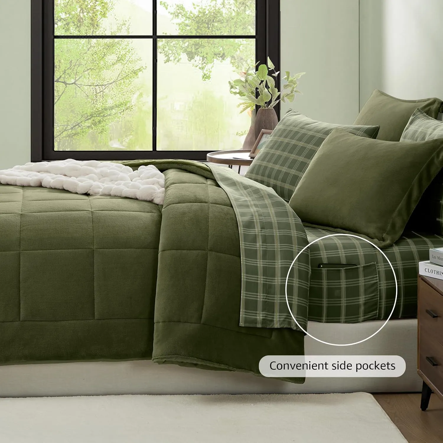 Plush Queen Comforter Set Bed in a Bag, Moss Green Flannel Velvet Comforter Sets 7 Pieces, Soft Warm Bedding Set with Comforter, Fitted&Flat Sheets, Pillowcases&Shams