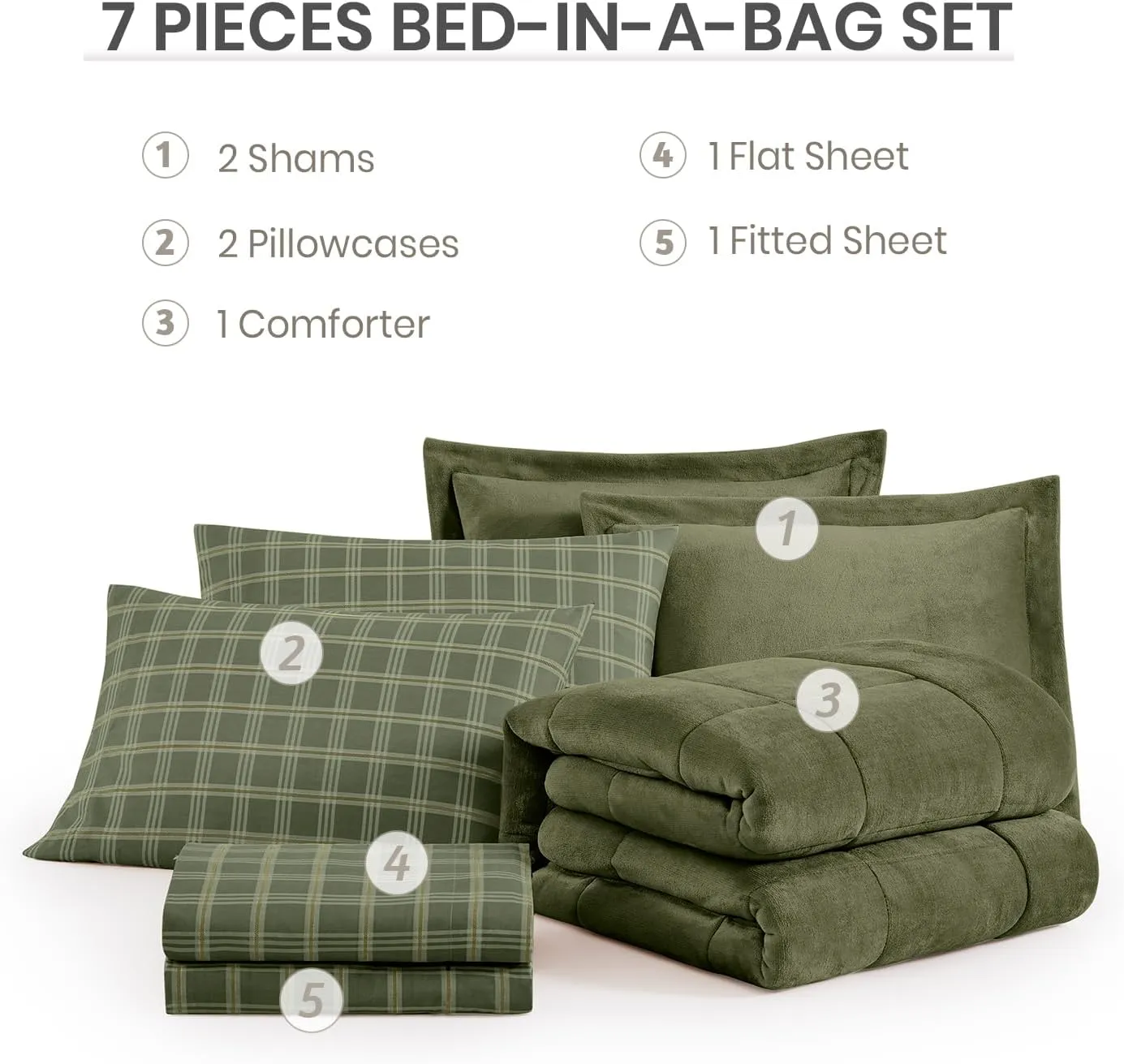 Plush Queen Comforter Set Bed in a Bag, Moss Green Flannel Velvet Comforter Sets 7 Pieces, Soft Warm Bedding Set with Comforter, Fitted&Flat Sheets, Pillowcases&Shams