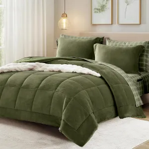 Plush Queen Comforter Set Bed in a Bag, Moss Green Flannel Velvet Comforter Sets 7 Pieces, Soft Warm Bedding Set with Comforter, Fitted&Flat Sheets, Pillowcases&Shams