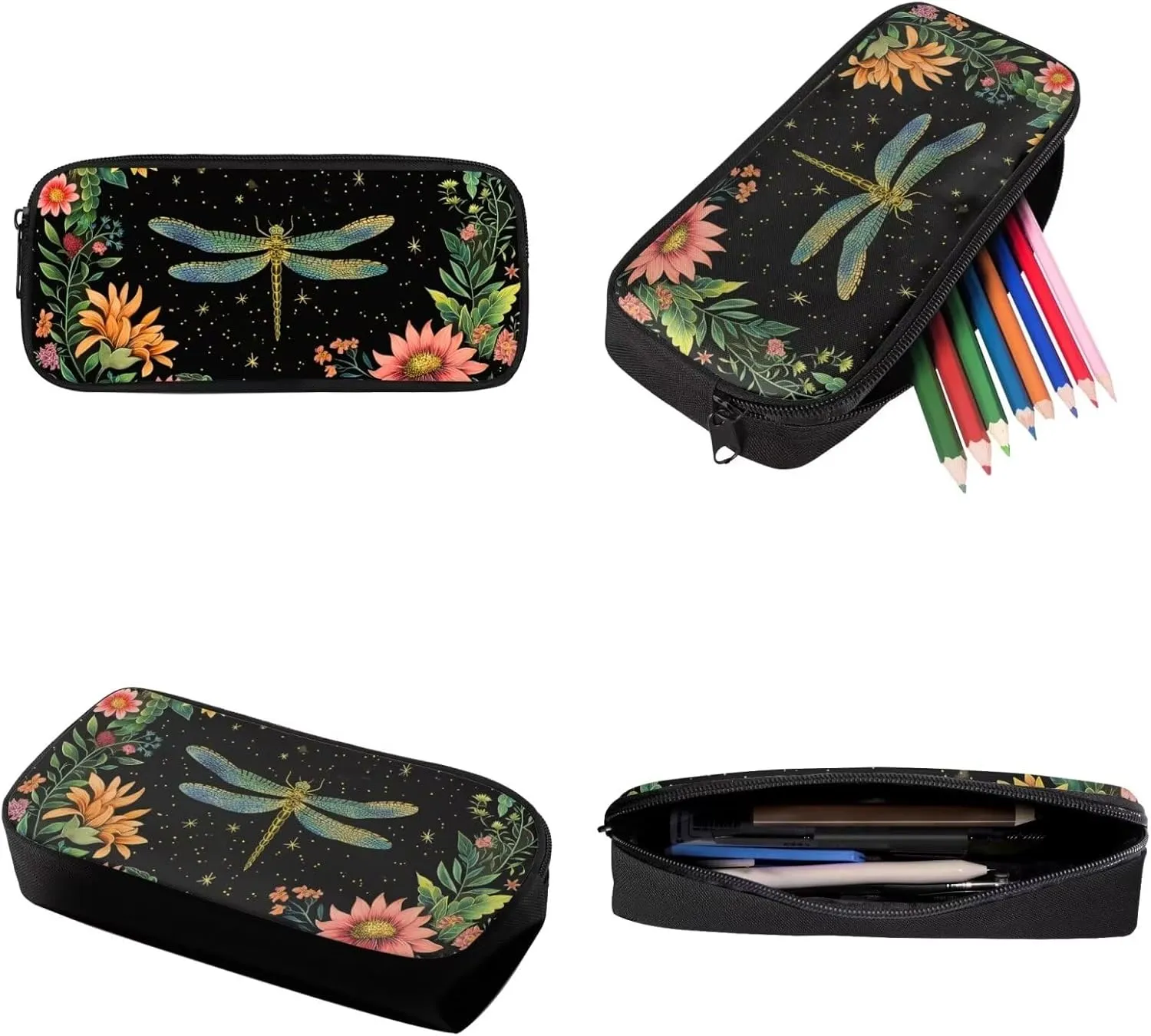 Poceacles Dragonfly Floral Print Backpack for Girls Backpack with Lunch Bag and Pencil Bag for School Kids Bookbag 3rd 4th 5th Grade Elementary Travel Laptop Shoulder Bag Students Daypacks