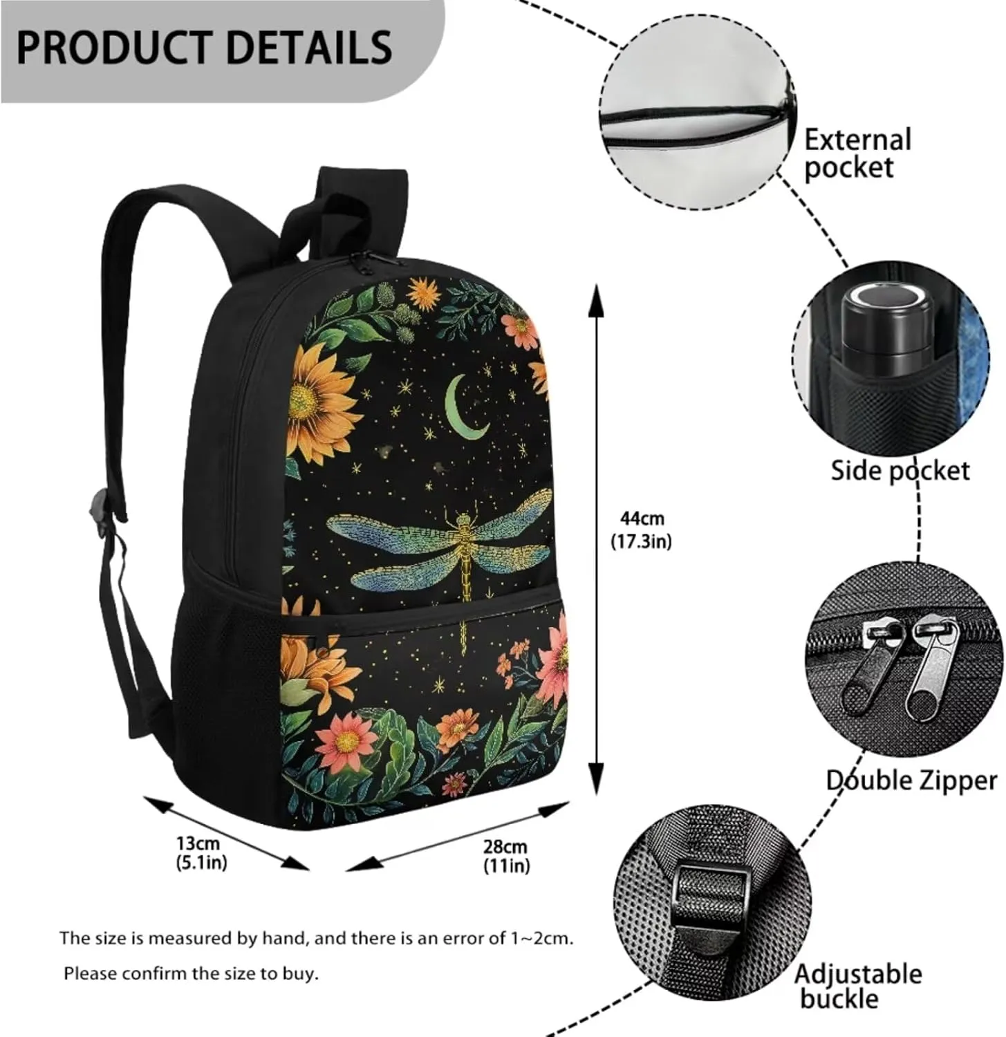 Poceacles Dragonfly Floral Print Backpack for Girls Backpack with Lunch Bag and Pencil Bag for School Kids Bookbag 3rd 4th 5th Grade Elementary Travel Laptop Shoulder Bag Students Daypacks