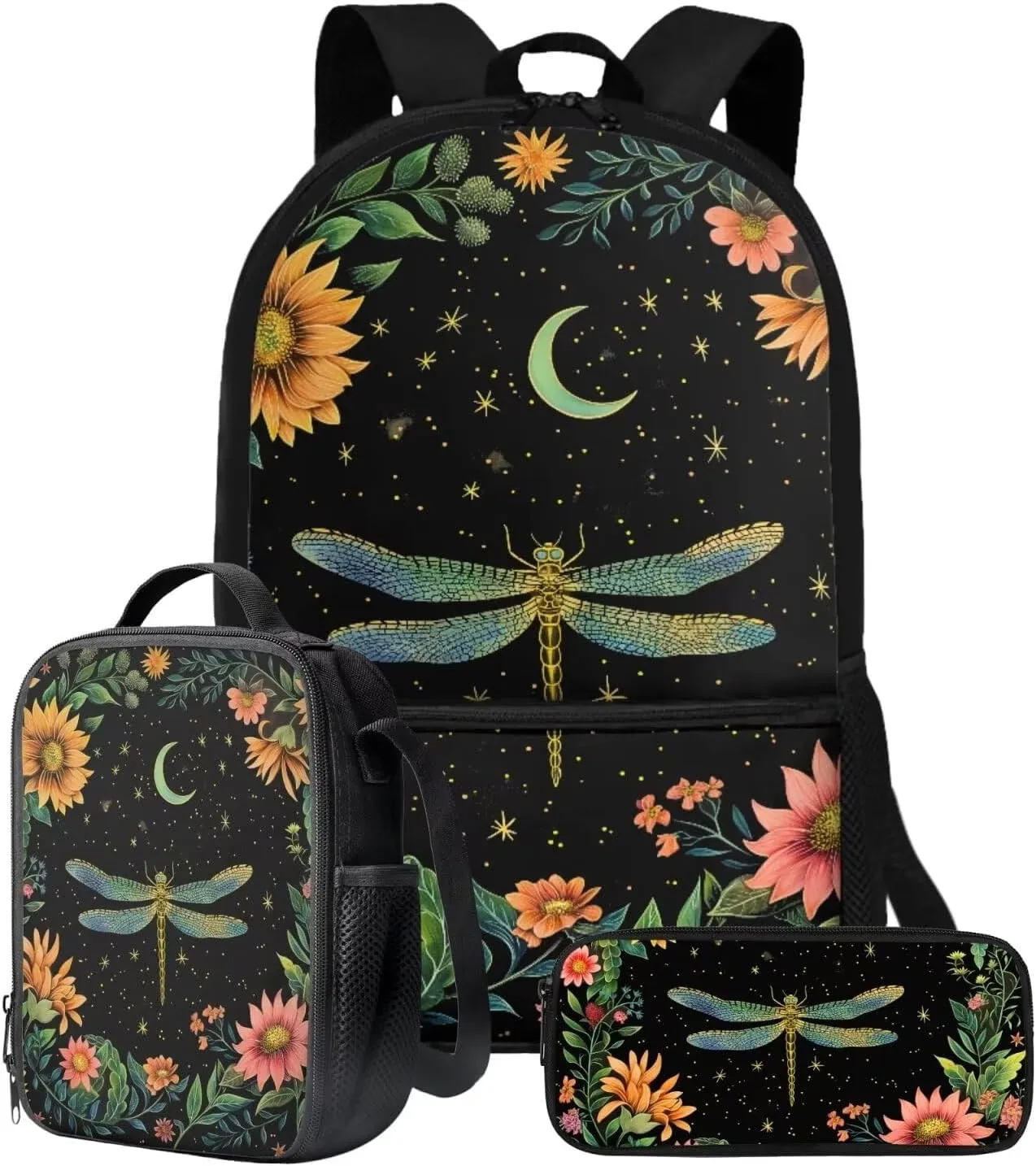 Poceacles Dragonfly Floral Print Backpack for Girls Backpack with Lunch Bag and Pencil Bag for School Kids Bookbag 3rd 4th 5th Grade Elementary Travel Laptop Shoulder Bag Students Daypacks