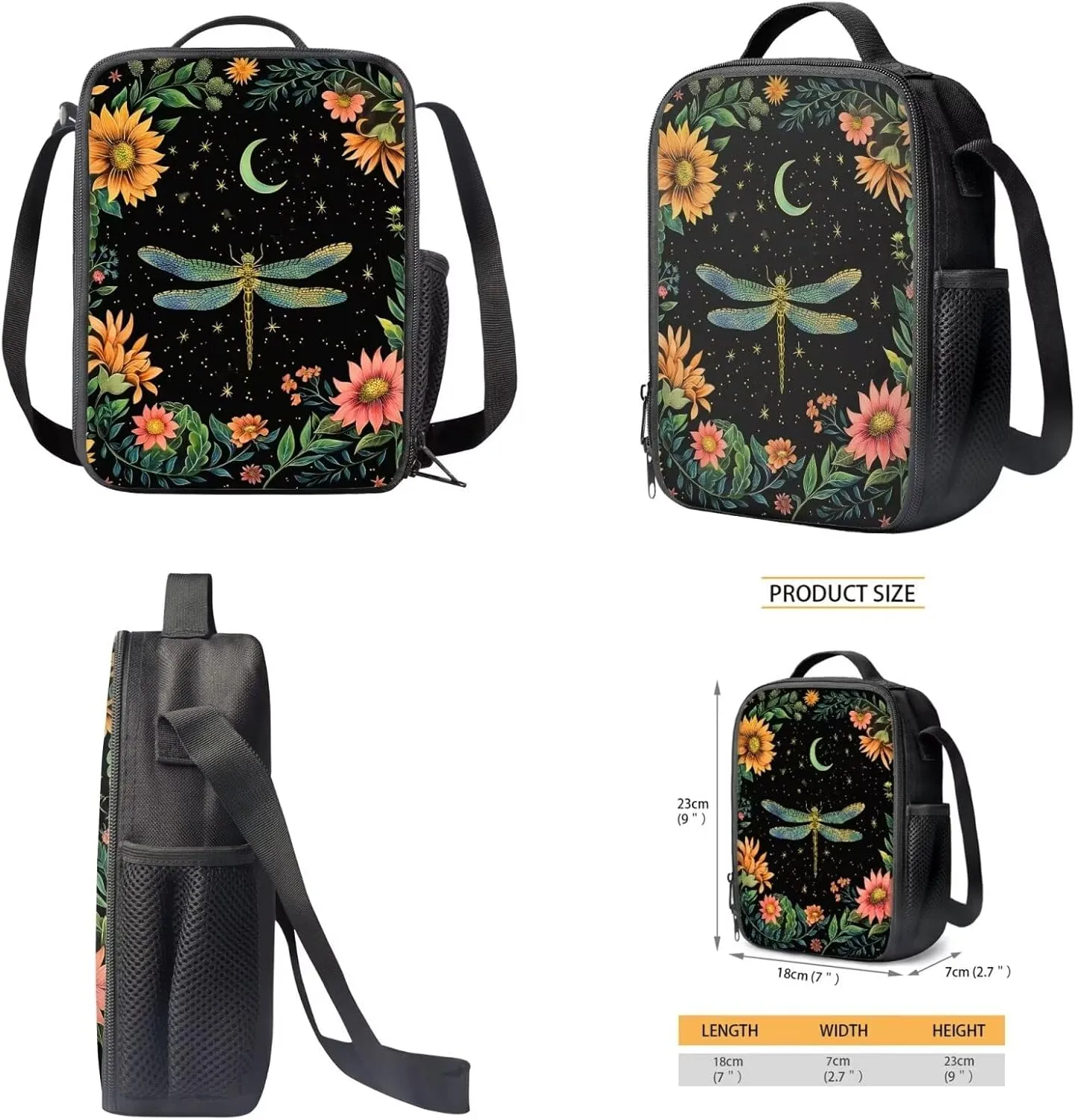 Poceacles Dragonfly Floral Print Backpack for Girls Backpack with Lunch Bag and Pencil Bag for School Kids Bookbag 3rd 4th 5th Grade Elementary Travel Laptop Shoulder Bag Students Daypacks