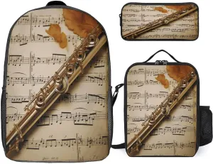 Pocket Backpack,Flute Music Print Cross Body Lunch Bag Set,casual Daypacks,3 Pcs Backpack Set