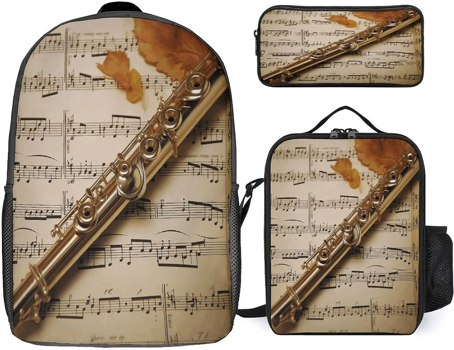 Pocket Backpack,Flute Music Print Cross Body Lunch Bag Set,casual Daypacks,3 Pcs Backpack Set