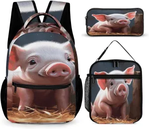 Pocket Backpack,Foolish Cute Pig Print Cross Body Lunch Bag Set,casual Daypacks,3 Pcs Backpack Set