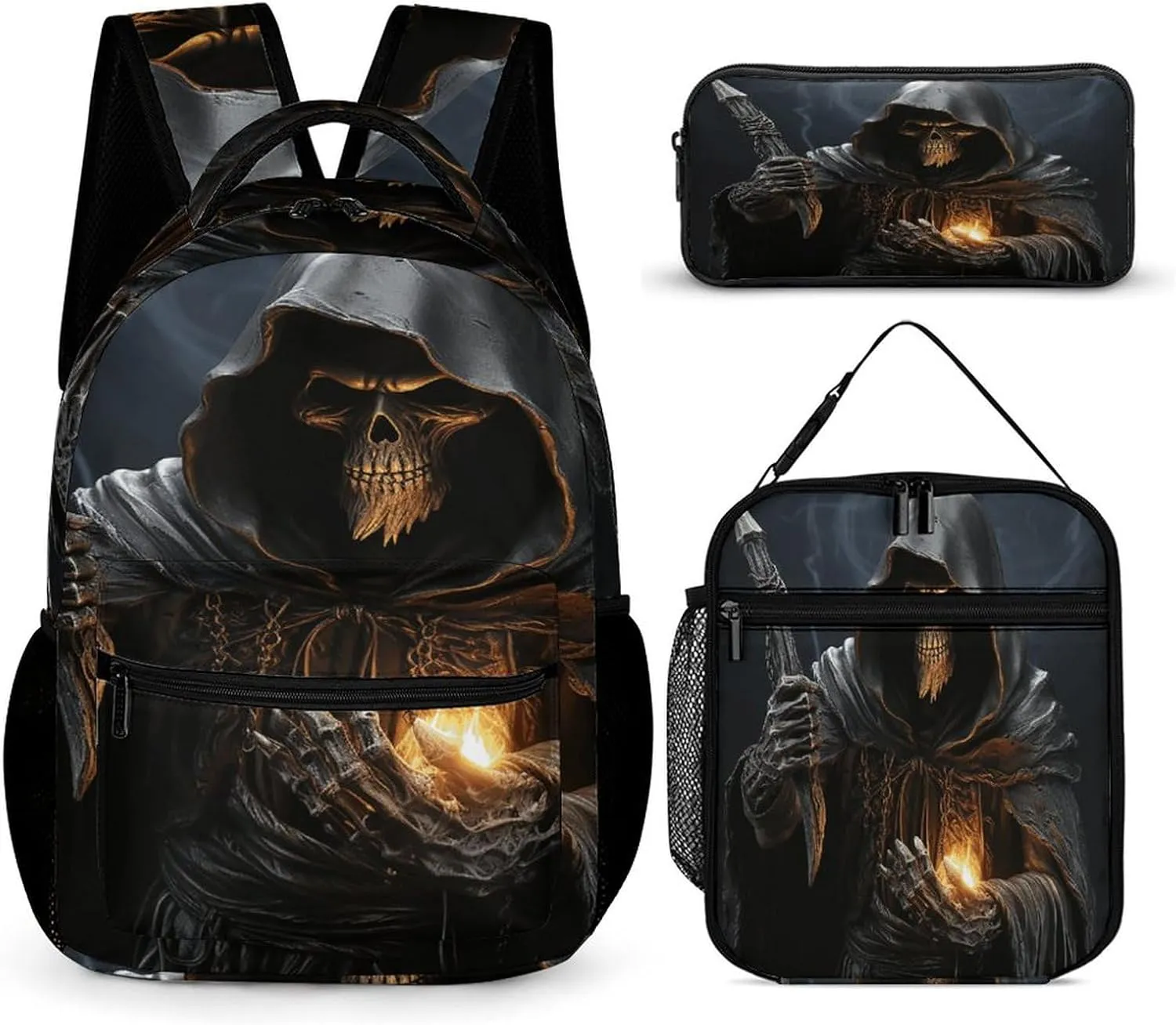 Pocket Backpack,Grim-Reaper Print Cross Body Lunch Bag Set,casual Daypacks,3 Pcs Backpack Set, Style