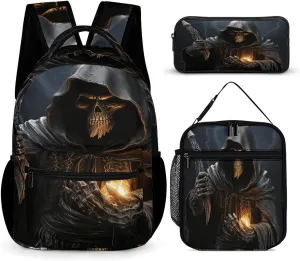 Pocket Backpack,Grim-Reaper Print Cross Body Lunch Bag Set,casual Daypacks,3 Pcs Backpack Set, Style