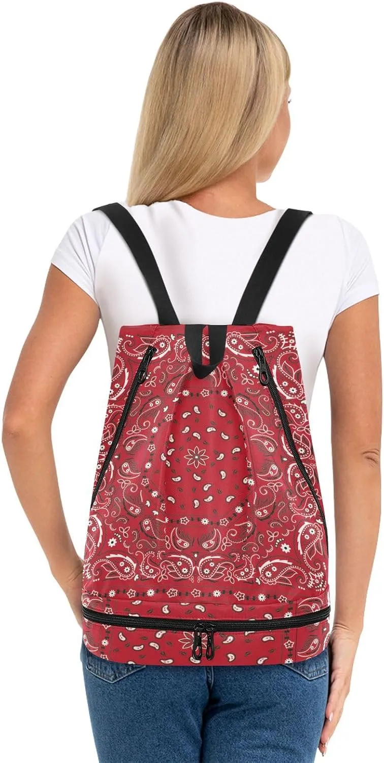 Poeticcity Gym Swimming Drawstring Bags Daypacks Backpack Purse Casual Knapsack Shoulder Bag Sitting Rucksack Bandana Print Traditional Asian Elements Paisley Floral Flowers