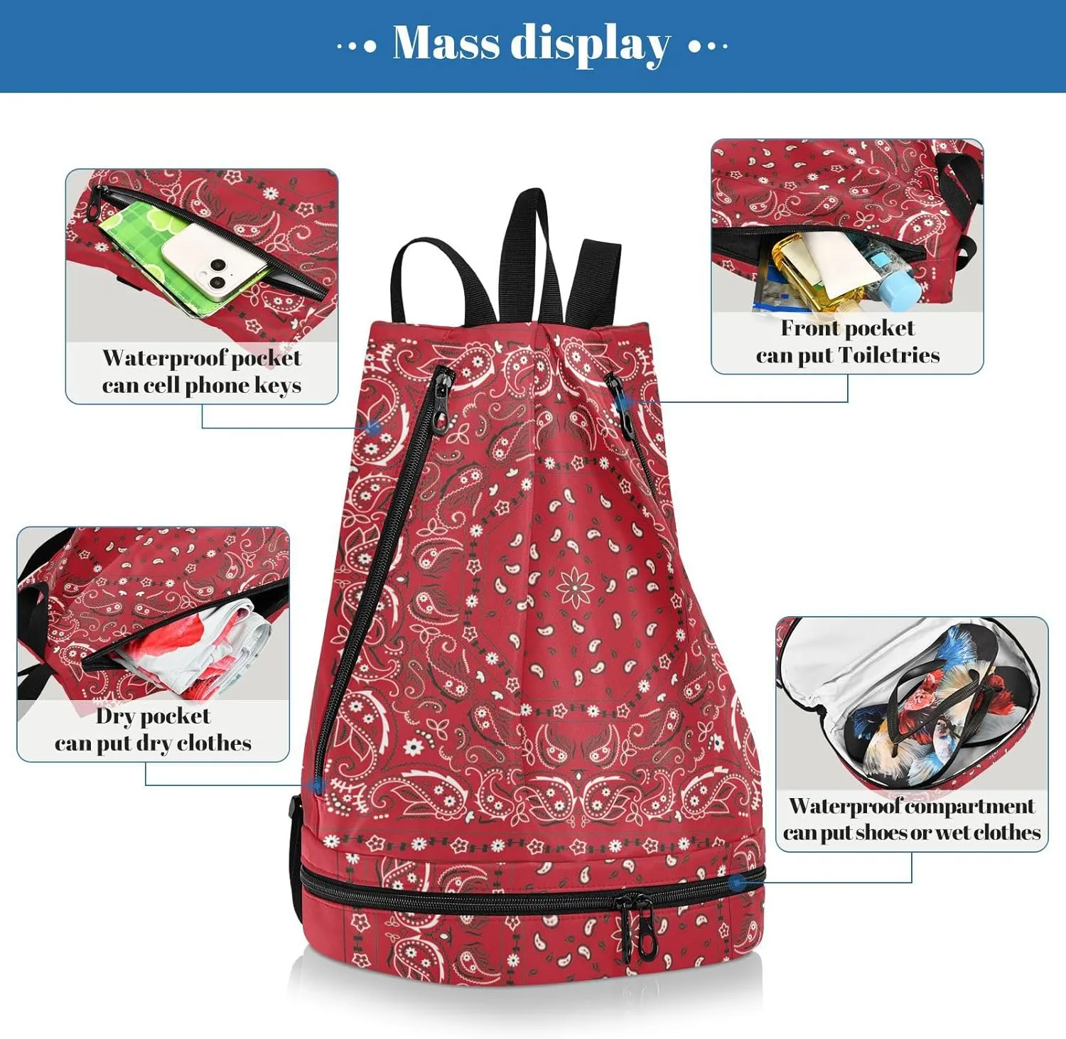 Poeticcity Gym Swimming Drawstring Bags Daypacks Backpack Purse Casual Knapsack Shoulder Bag Sitting Rucksack Bandana Print Traditional Asian Elements Paisley Floral Flowers