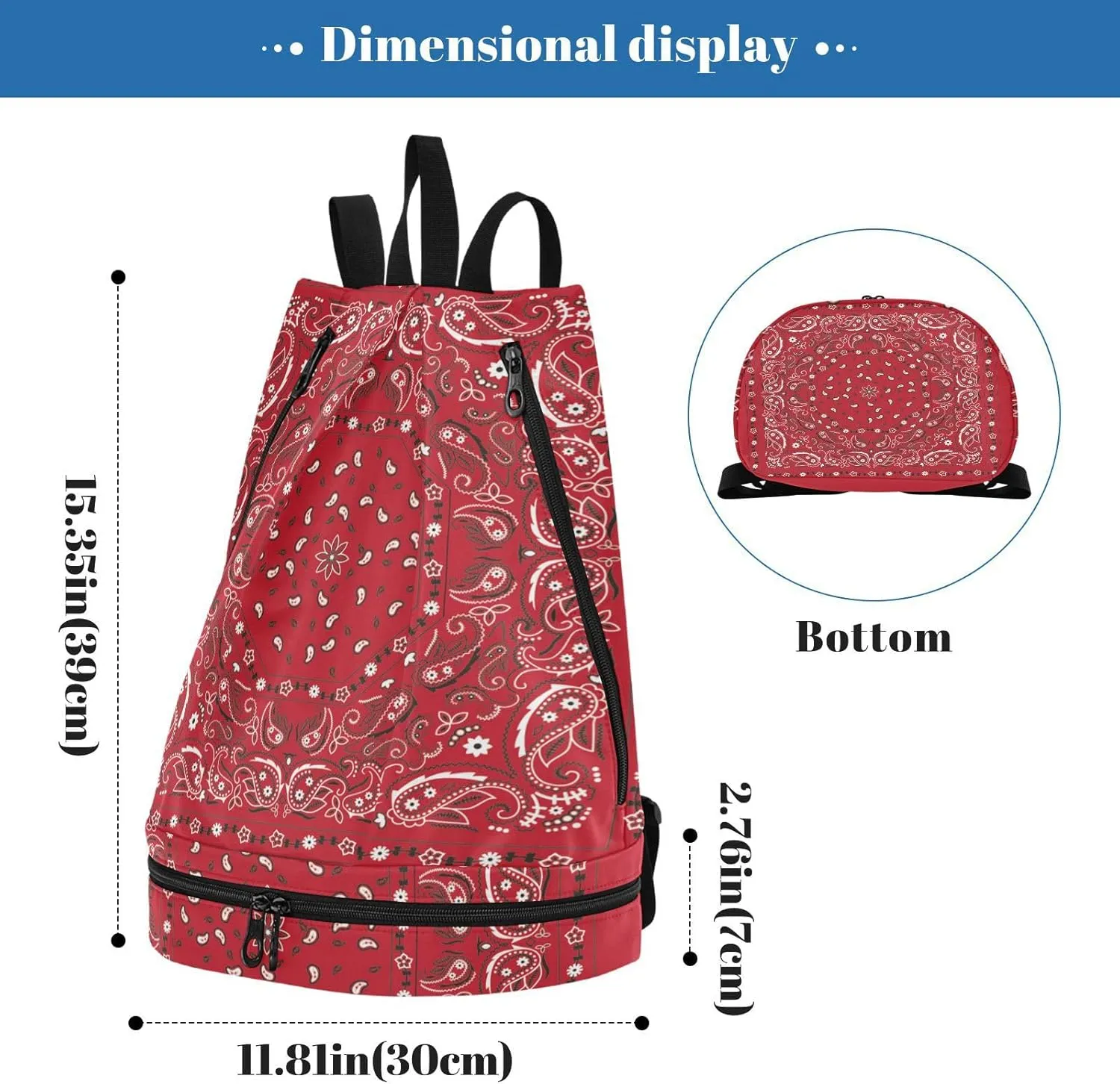 Poeticcity Gym Swimming Drawstring Bags Daypacks Backpack Purse Casual Knapsack Shoulder Bag Sitting Rucksack Bandana Print Traditional Asian Elements Paisley Floral Flowers