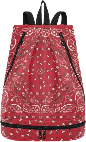 Poeticcity Gym Swimming Drawstring Bags Daypacks Backpack Purse Casual Knapsack Shoulder Bag Sitting Rucksack Bandana Print Traditional Asian Elements Paisley Floral Flowers