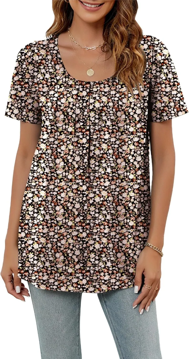 Poetsky Women's Casual Short Sleeve Tops Summer Flowy Shirts Loose Pleated Tunic Blouses