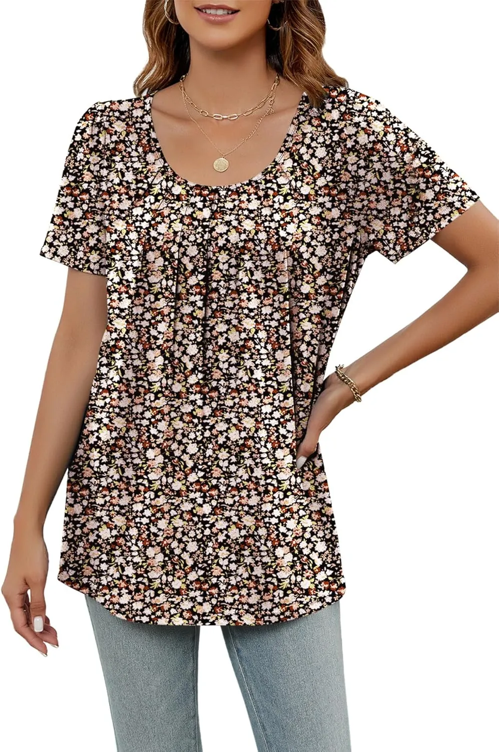 Poetsky Women's Casual Short Sleeve Tops Summer Flowy Shirts Loose Pleated Tunic Blouses