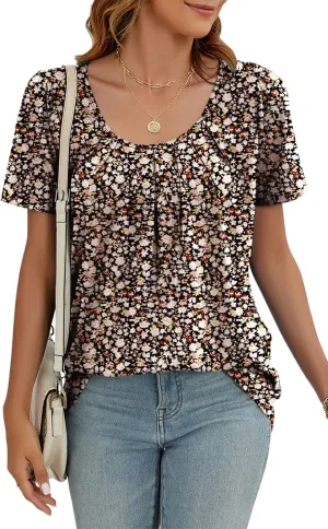 Poetsky Women's Casual Short Sleeve Tops Summer Flowy Shirts Loose Pleated Tunic Blouses