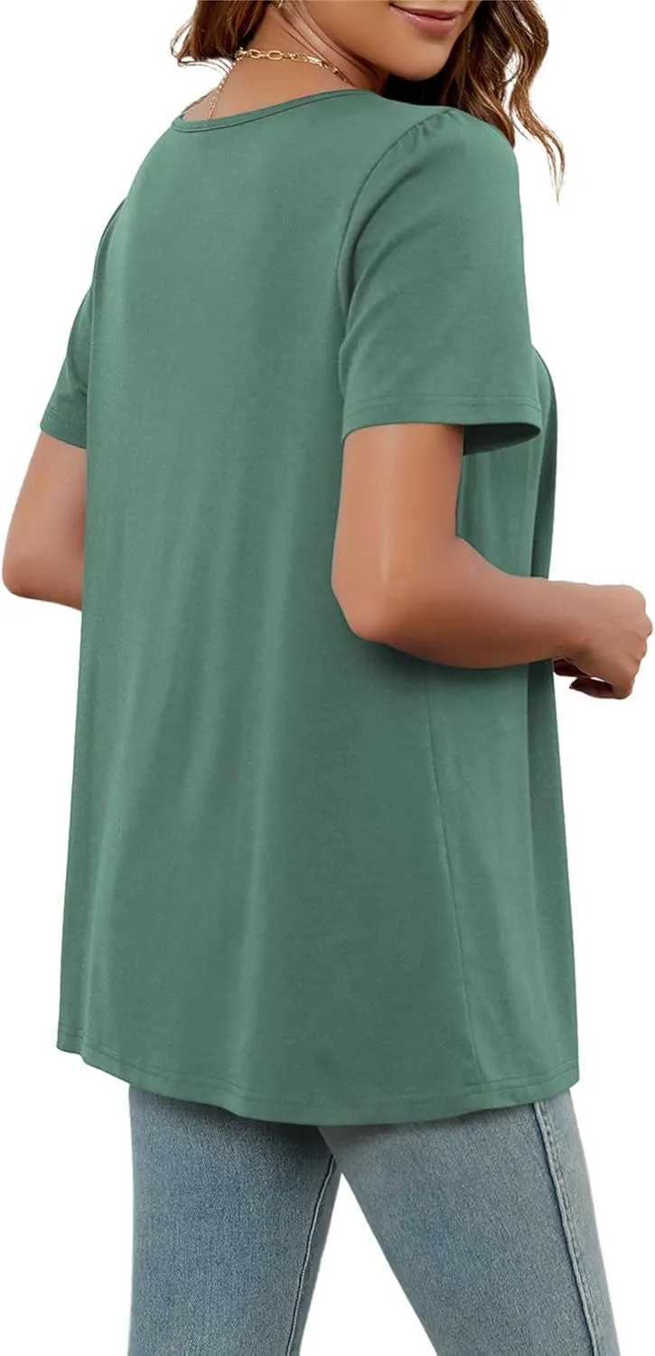 Poetsky Women's Casual Short Sleeve Tops Summer Flowy Shirts Loose Pleated Tunic Blouses
