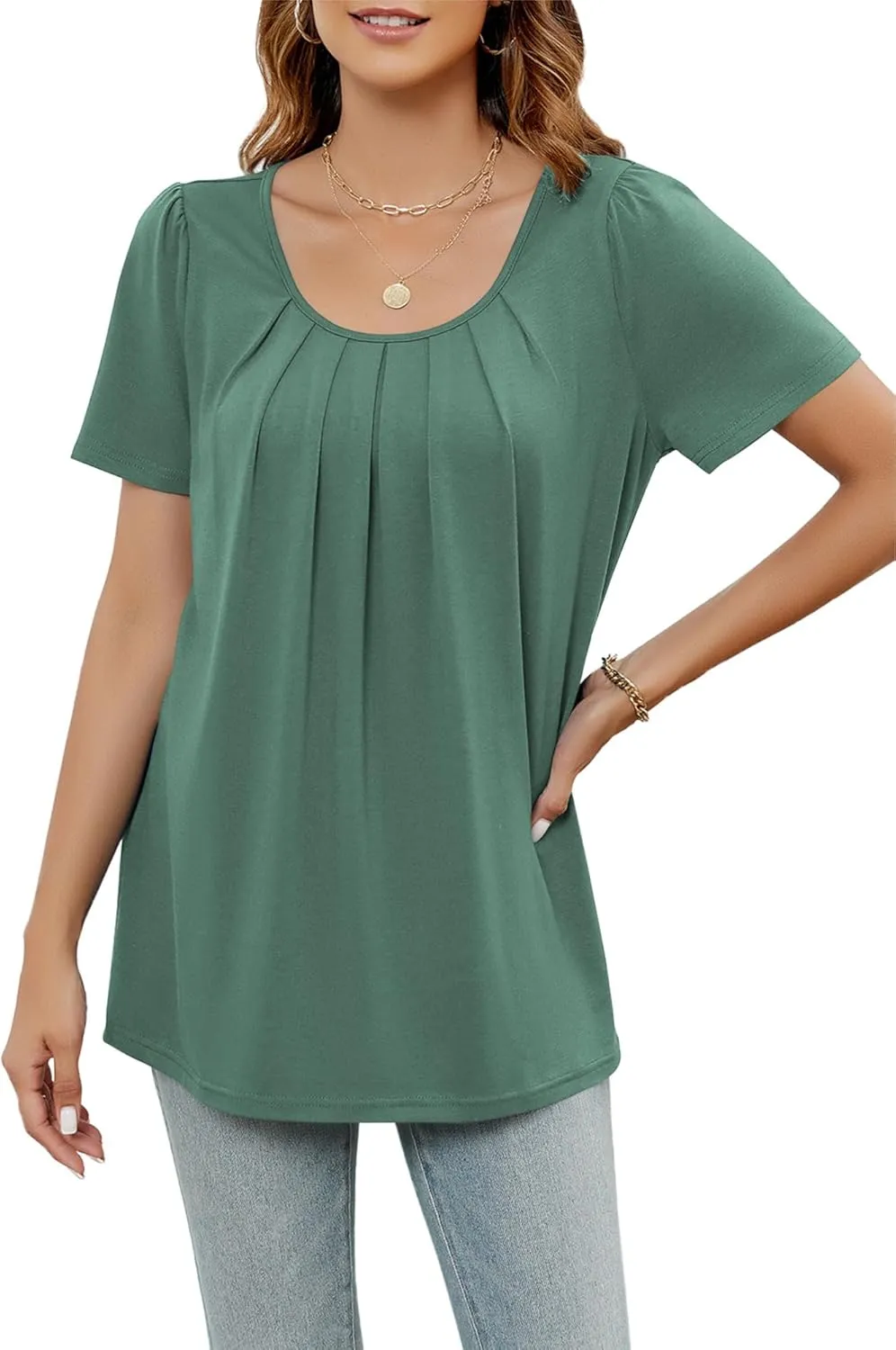 Poetsky Women's Casual Short Sleeve Tops Summer Flowy Shirts Loose Pleated Tunic Blouses
