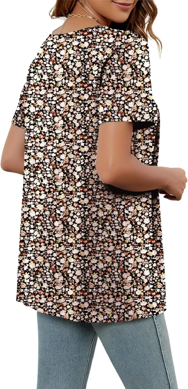 Poetsky Women's Casual Short Sleeve Tops Summer Flowy Shirts Loose Pleated Tunic Blouses