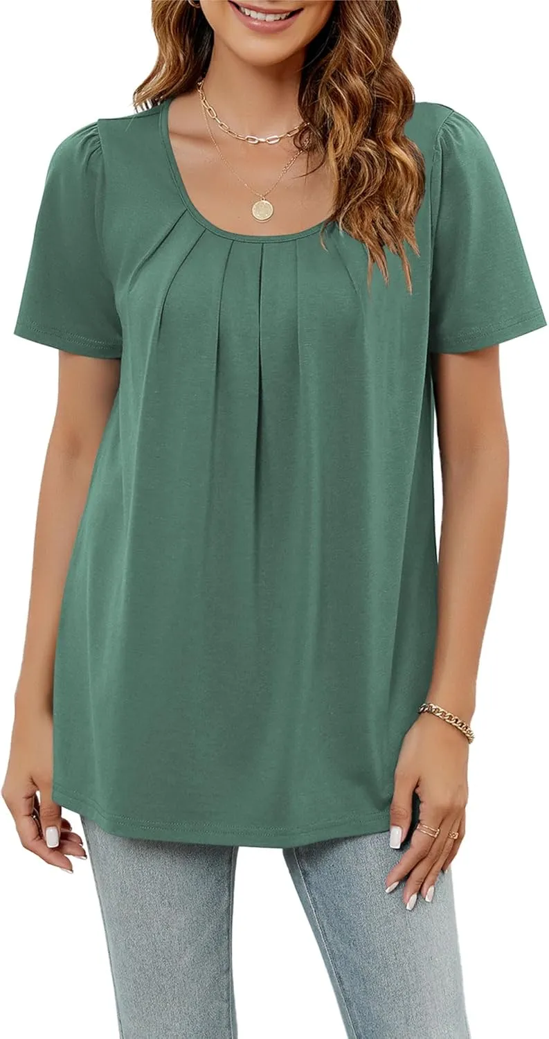 Poetsky Women's Casual Short Sleeve Tops Summer Flowy Shirts Loose Pleated Tunic Blouses