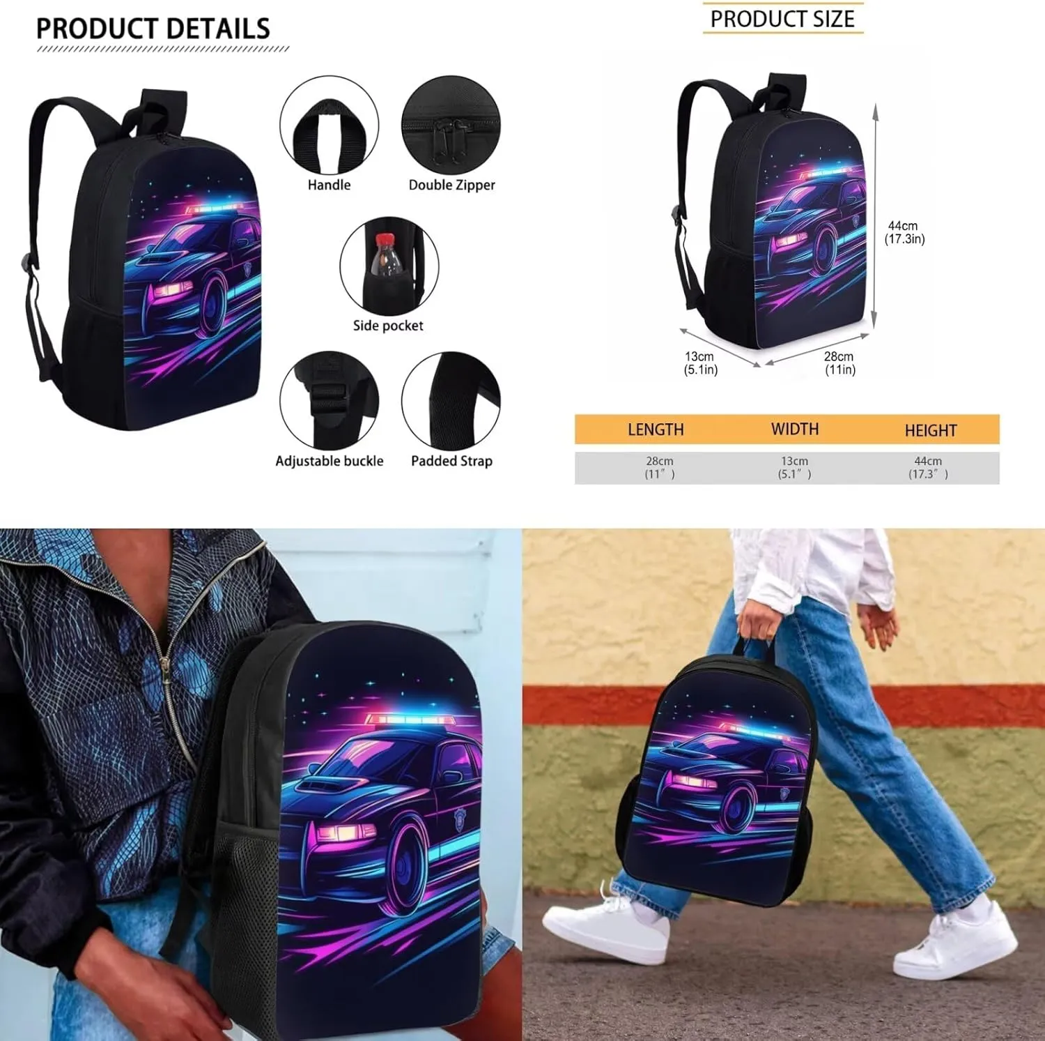 Police Car Backpack for Boys Bookbags with Lunch Box and Pencil Case 4 Pcs 5th Grade Backpacks for Boys Large Capacity Shoulder Bag for Elementary School Hiking Daypacks for Primary