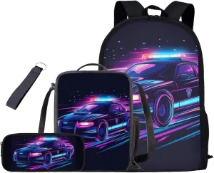 Police Car Backpack for Boys Bookbags with Lunch Box and Pencil Case 4 Pcs 5th Grade Backpacks for Boys Large Capacity Shoulder Bag for Elementary School Hiking Daypacks for Primary