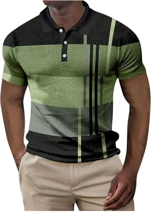 Polo Shirts for Men Short Sleeve Button Down Slim Fit Waffle T Shirt Plaid Striped Solid Color Golf Tees Dry Fit Tops
