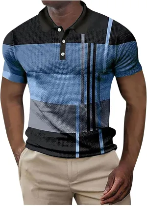 Polo Shirts for Men Short Sleeve Button Down Slim Fit Waffle T Shirt Plaid Striped Solid Color Golf Tees Dry Fit Tops
