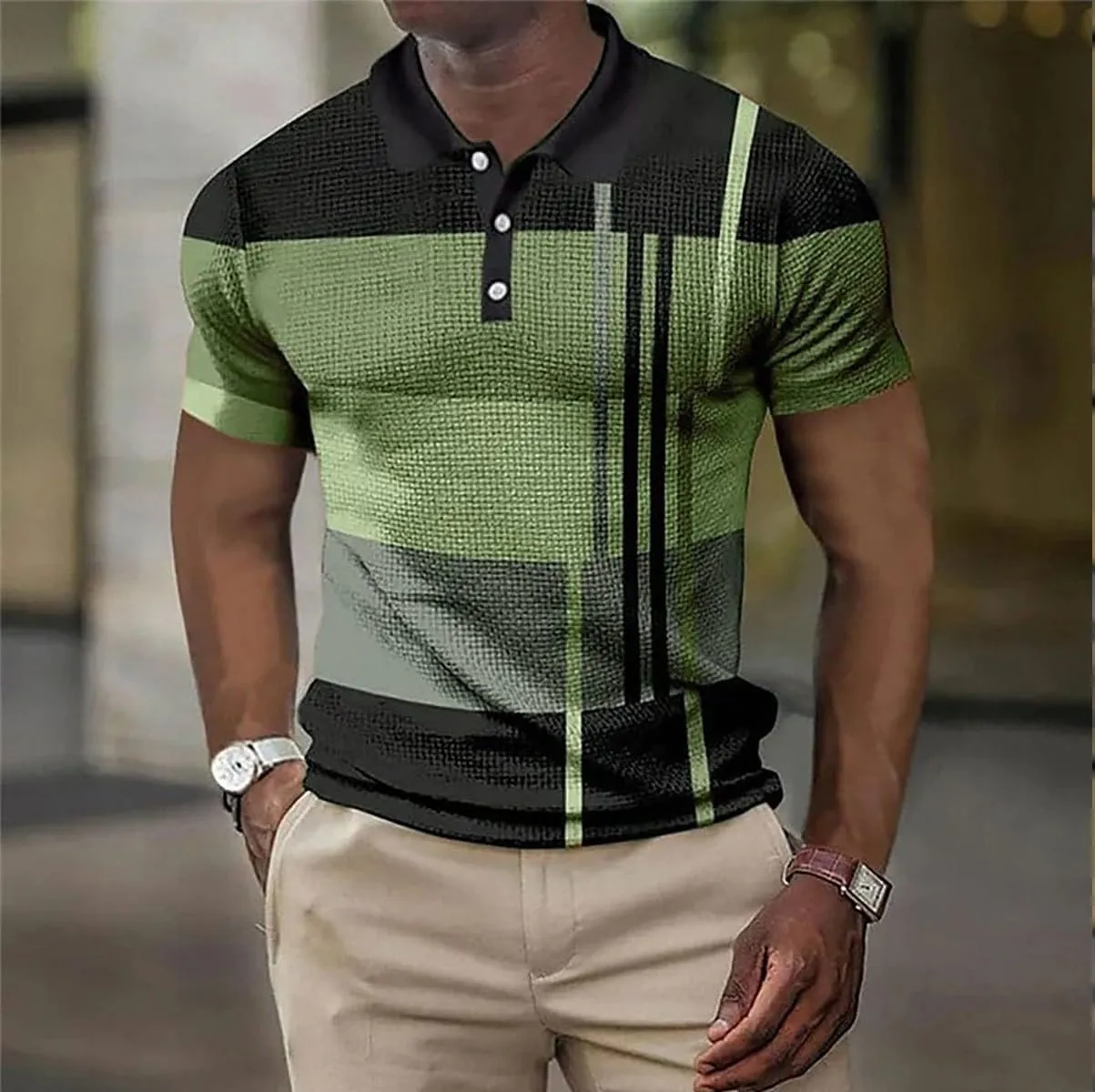 Polo Shirts for Men Short Sleeve Button Down Slim Fit Waffle T Shirt Plaid Striped Solid Color Golf Tees Dry Fit Tops