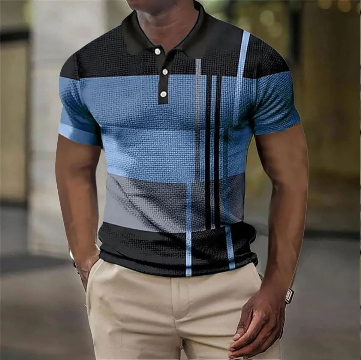 Polo Shirts for Men Short Sleeve Button Down Slim Fit Waffle T Shirt Plaid Striped Solid Color Golf Tees Dry Fit Tops