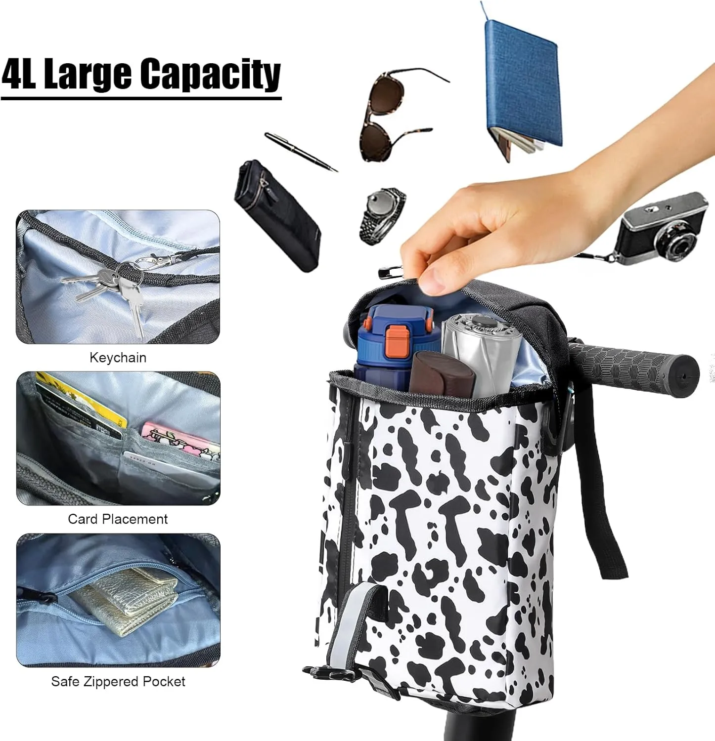 Portable Electric Scooter Bag, 4L Large Soft Scooter Storage Bag with Shoulder Straps, Pockets and Reflective Strips, Waterproof Electric Bike Front Handlebar Bag
