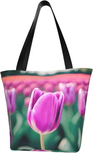 Purple Tulips Print Multifunctional Tote Daypacks for Women Work Travel Shopping Handbags Shoulder Bag