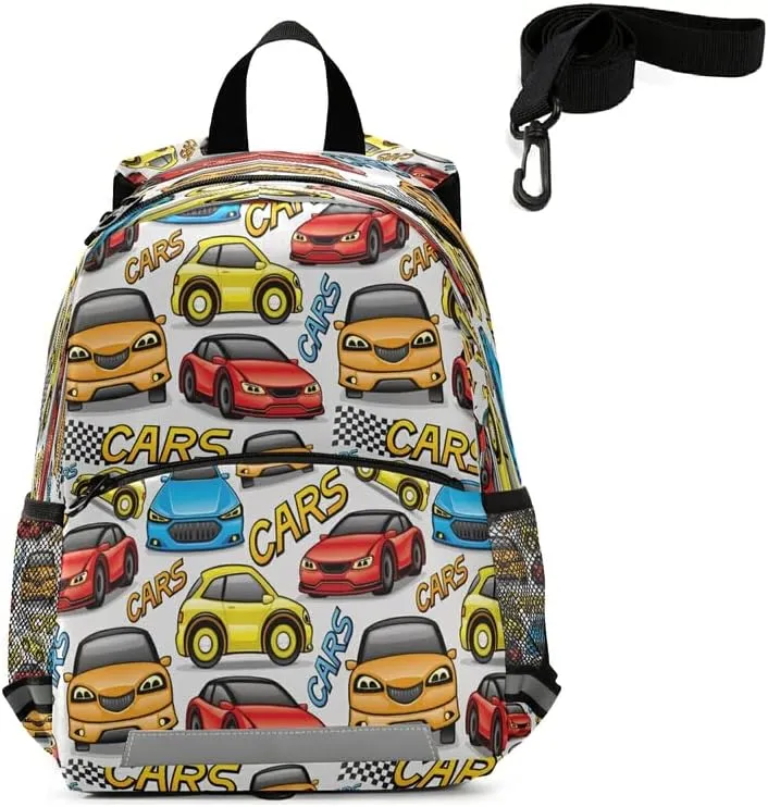 QUGRL Colorful Sports Cars Kids Toddler Backpack with Leash Harness Childish Race Vehicles Kindergarten Child Schoolbag Preschool Nursery Baby Travel Bag for Boys Girls 3-8 Years