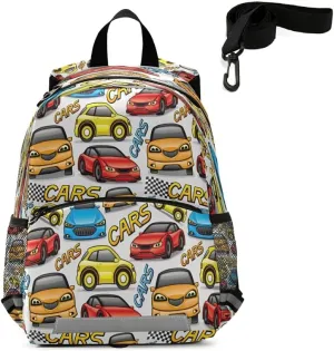 QUGRL Colorful Sports Cars Kids Toddler Backpack with Leash Harness Childish Race Vehicles Kindergarten Child Schoolbag Preschool Nursery Baby Travel Bag for Boys Girls 3-8 Years