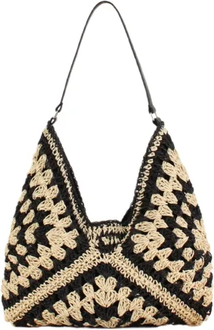 Raffia Knitted Handbags for Women Handmade Casual Beach Shoulder Bag Classic Fashion Woven Tote Bag