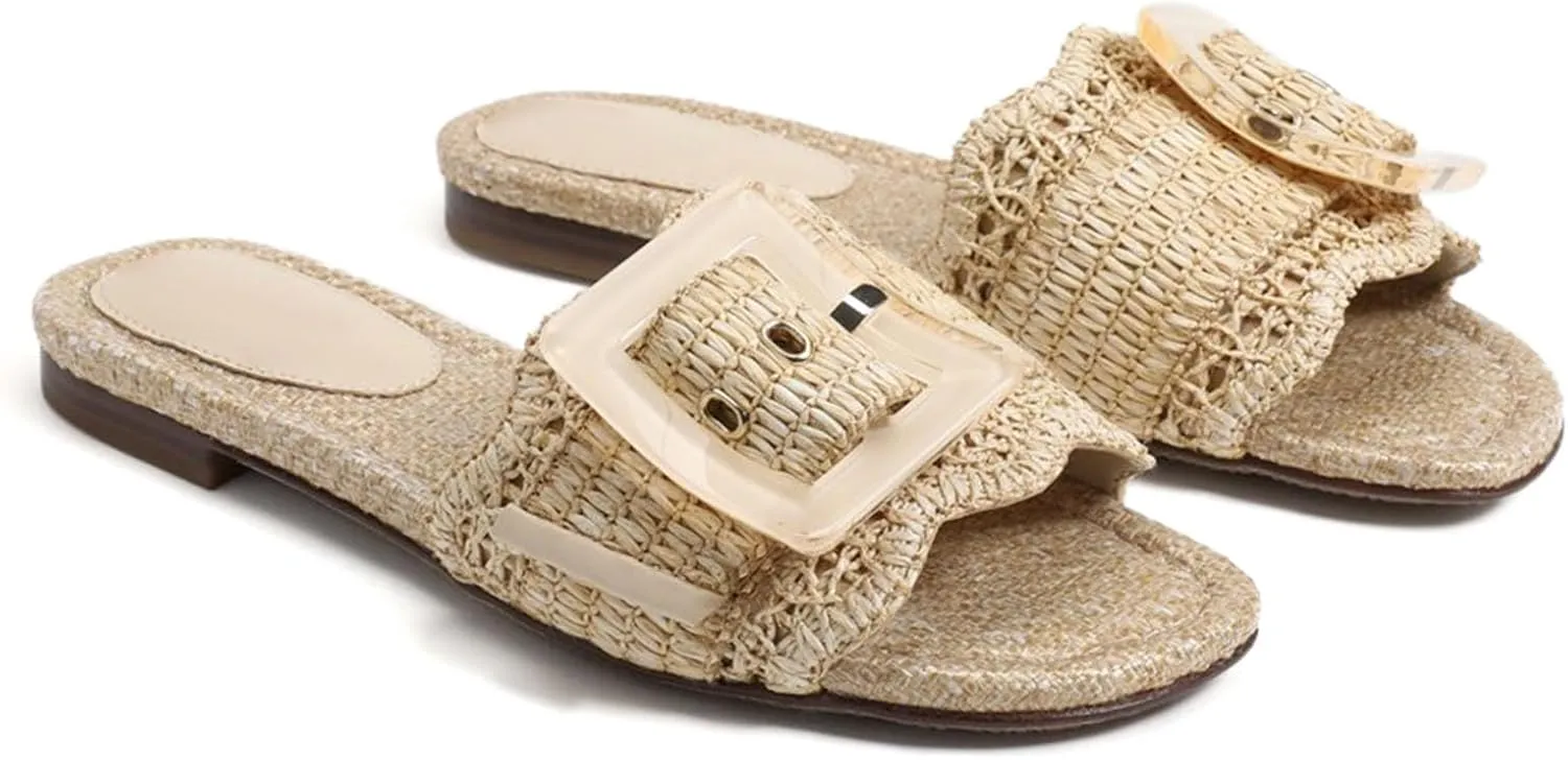 Raffia Sandals for Women Buckle Straw flats Woven Braided Rattan Slides Summer Beach Sandals Comfort Cute Shoes