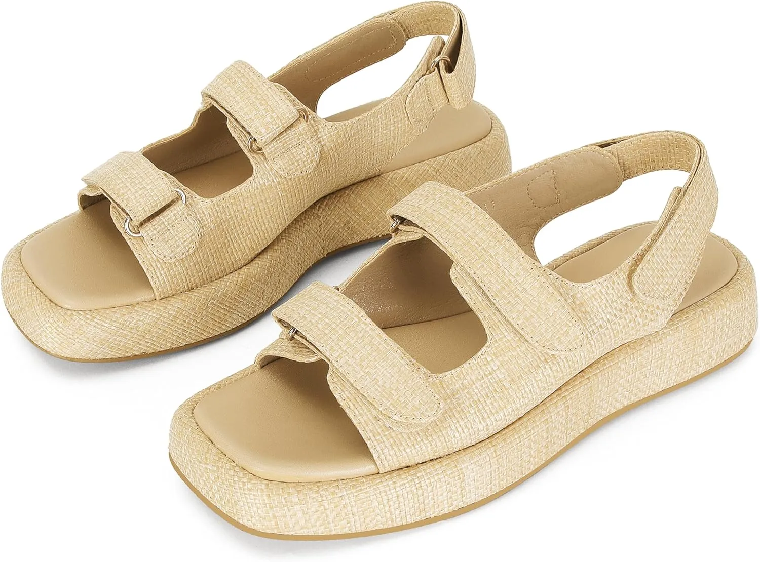 Raffia Sandals for Women Platform Summer Open Toe Slingback Lace Beach with Adjustable Double Buckle