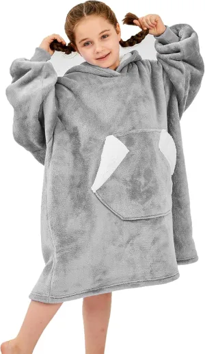 Ramees Wearable Blanket Hoodie for Kids, Sherpa Oversized Sweatshirt Blanket Flannel with Hood Pocket and Sleeves (Grey)
