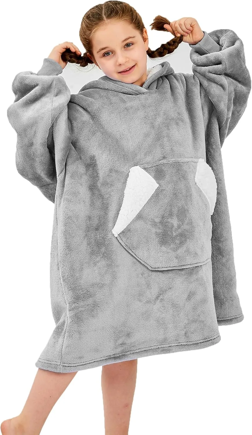 Ramees Wearable Blanket Hoodie for Kids, Sherpa Oversized Sweatshirt Blanket Flannel with Hood Pocket and Sleeves (Grey)