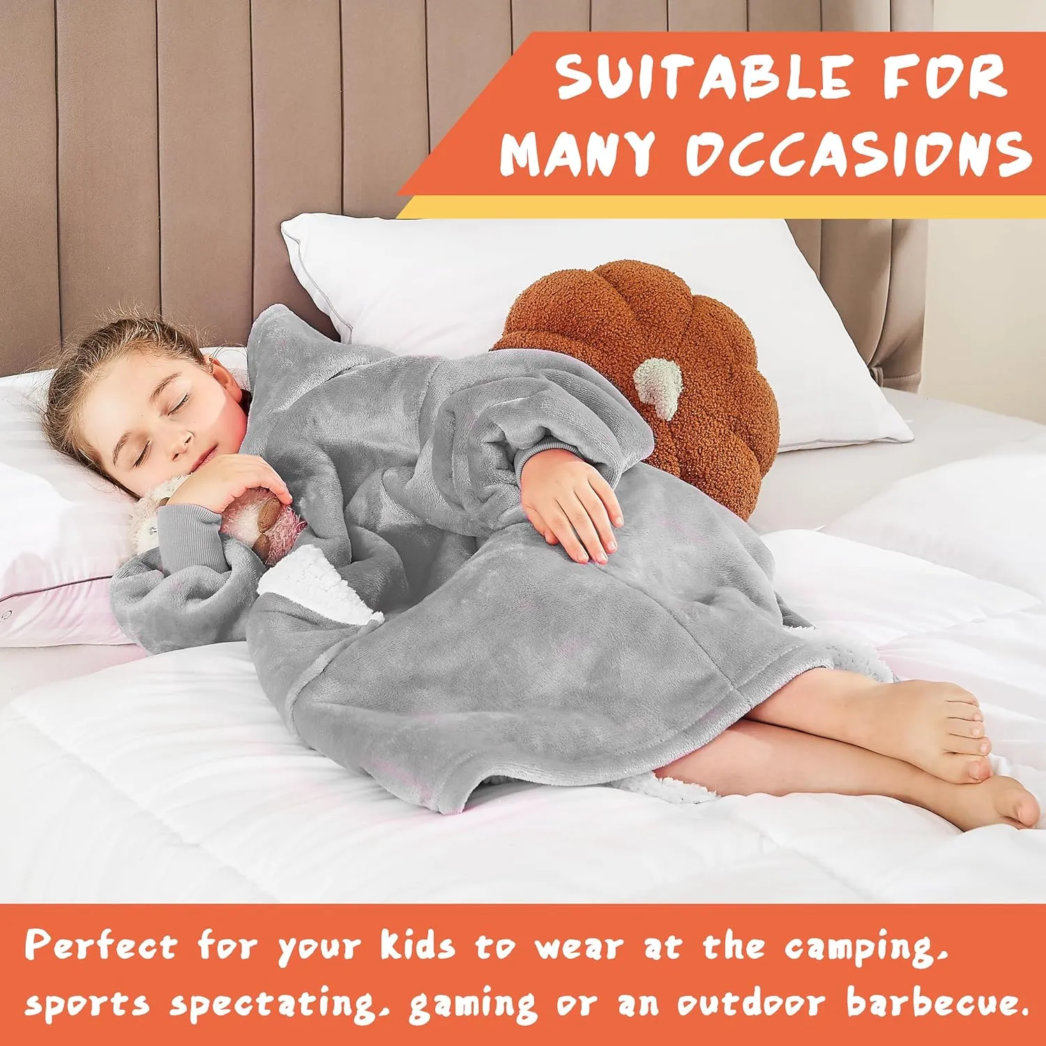 Ramees Wearable Blanket Hoodie for Kids, Sherpa Oversized Sweatshirt Blanket Flannel with Hood Pocket and Sleeves (Grey)