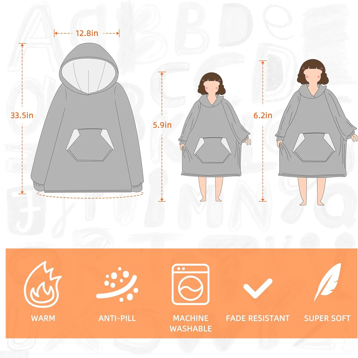 Ramees Wearable Blanket Hoodie for Kids, Sherpa Oversized Sweatshirt Blanket Flannel with Hood Pocket and Sleeves (Grey)