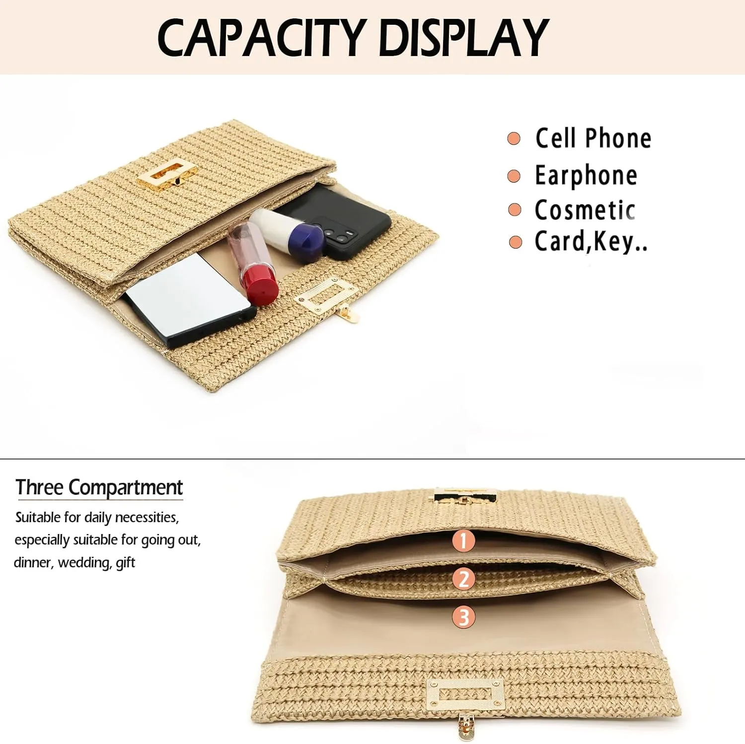 Rattan Clutch Purse for Women,Summer Straw Woven Beach Woven Bag Wicker Raffia Envelope Evening Clutch for Wedding