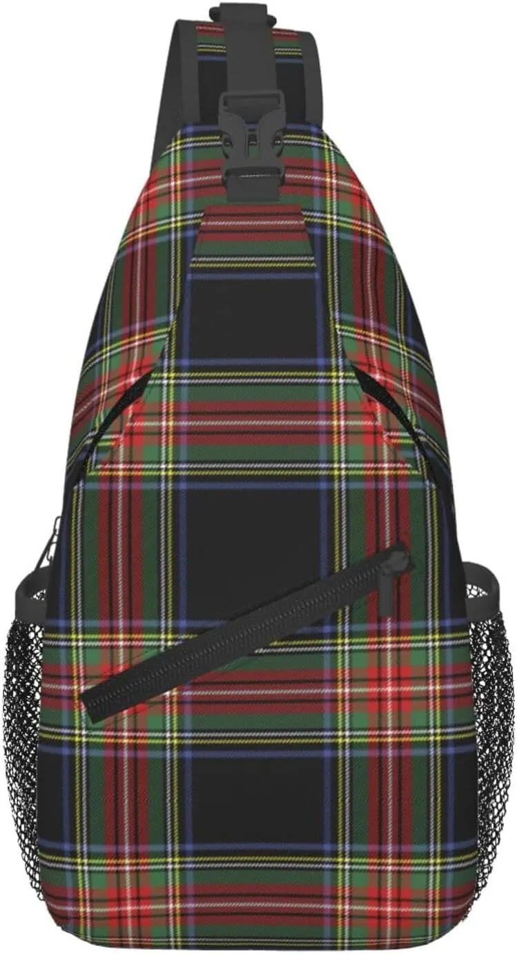Red Cage Tartan Plaid Scottish Cross Chest Bag Diagonally Hiking Crossbody Bag Travel Shoulder Daypack Lightweight Sling Backpack Cycling Daypacks Fitness Chest Backpacks