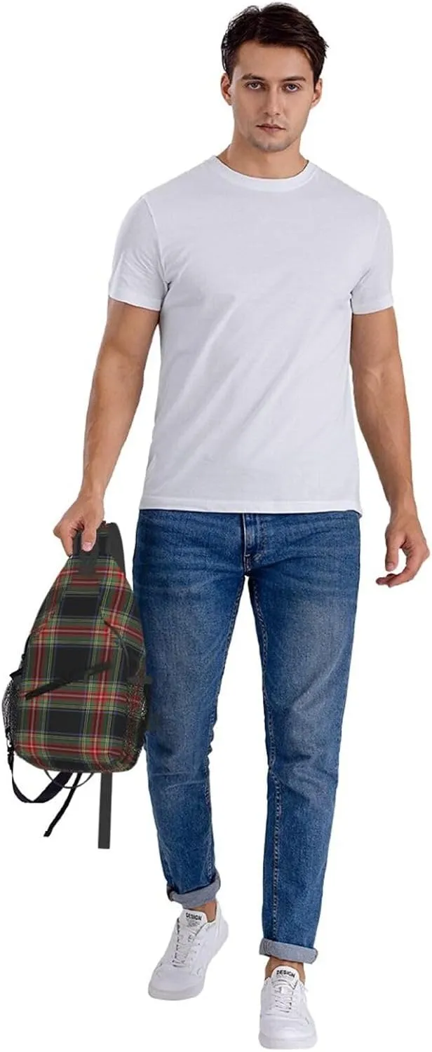 Red Cage Tartan Plaid Scottish Cross Chest Bag Diagonally Hiking Crossbody Bag Travel Shoulder Daypack Lightweight Sling Backpack Cycling Daypacks Fitness Chest Backpacks