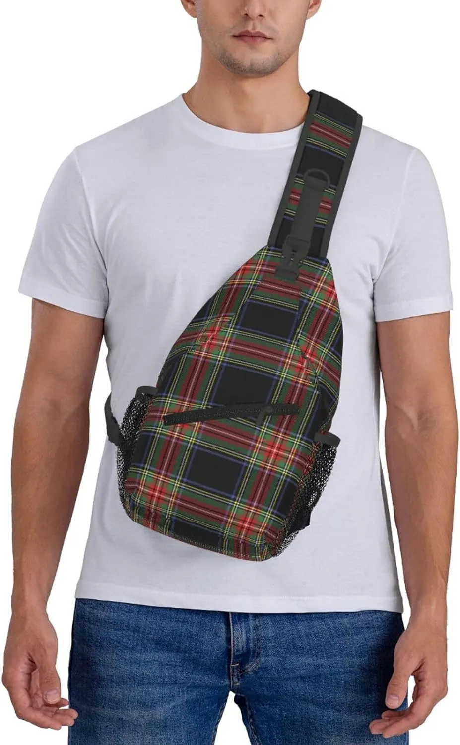 Red Cage Tartan Plaid Scottish Cross Chest Bag Diagonally Hiking Crossbody Bag Travel Shoulder Daypack Lightweight Sling Backpack Cycling Daypacks Fitness Chest Backpacks