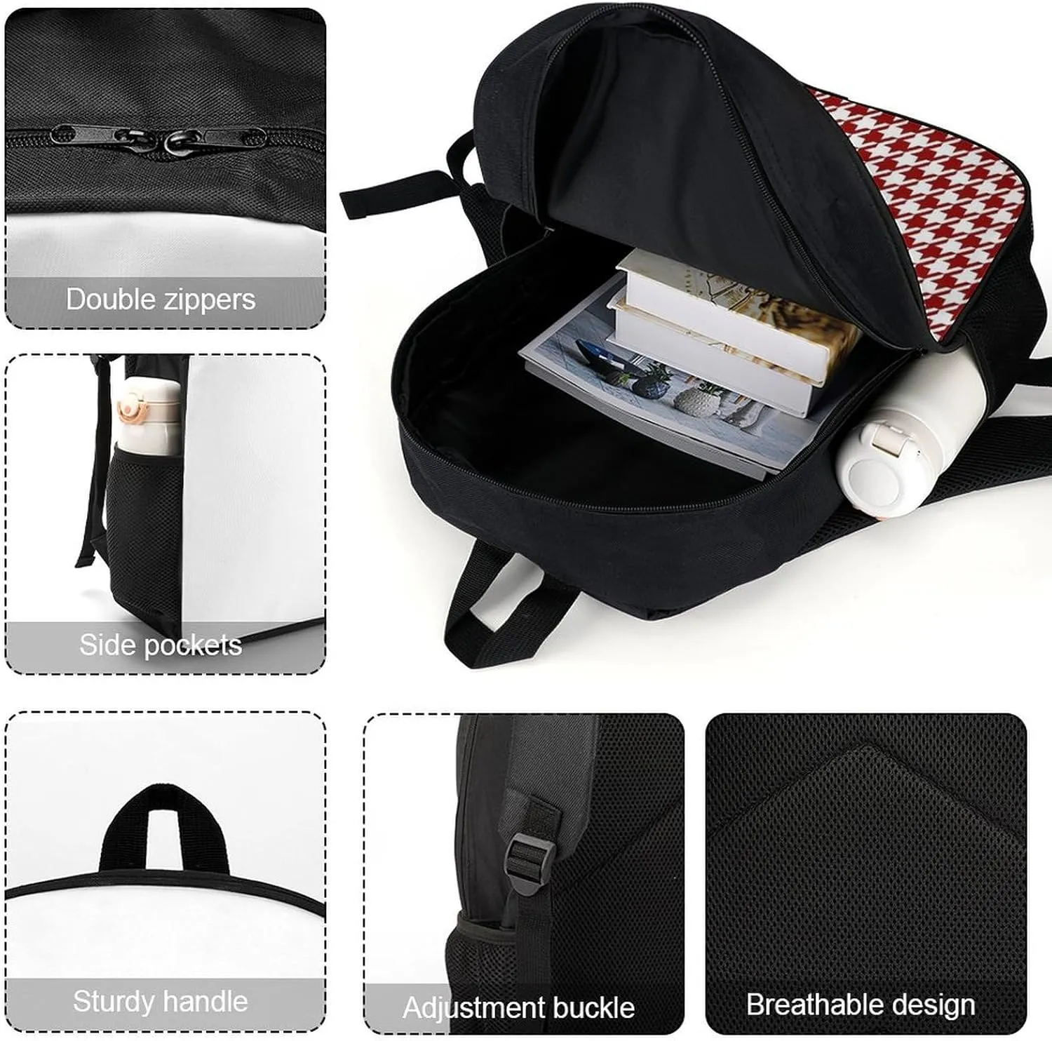 Red Houndstooth Backpack Lightweight Waterproof Backpacks Laptop Backpack for Unisex Casual Travel Daypacks Large Capacity