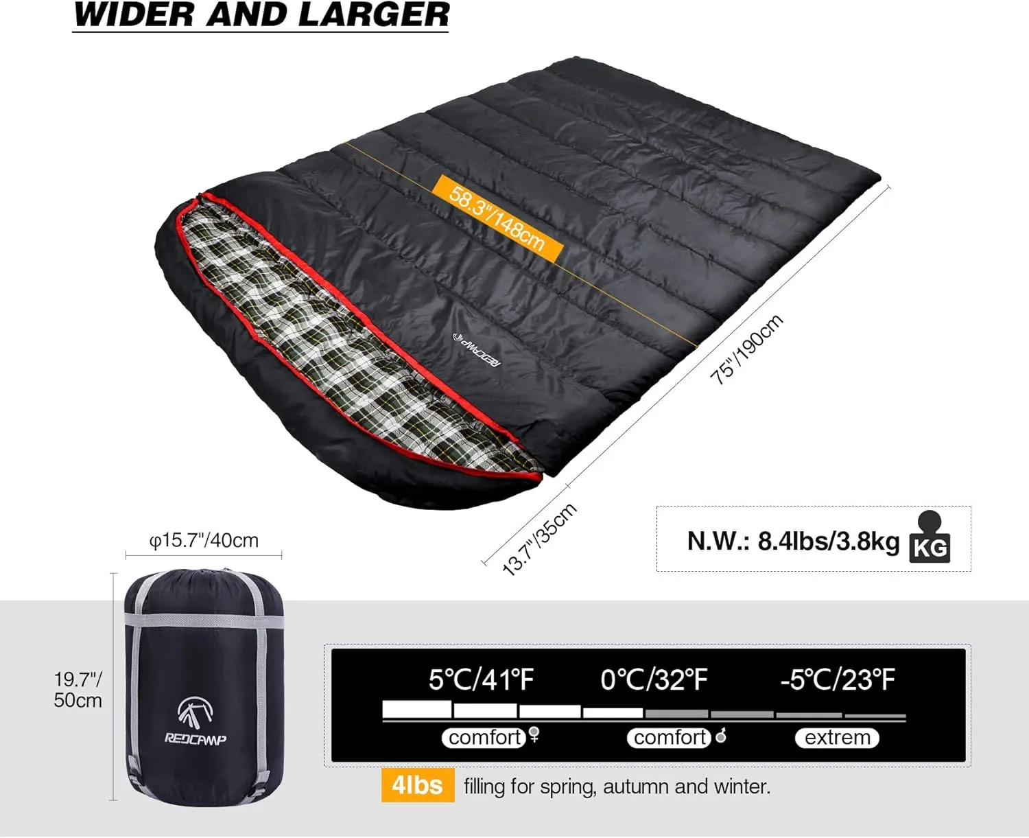 REDCAMP Cotton Double Sleeping Bag for Adults, 2 Person Cold Weather Queen Size Flannel Sleeping Bags for Camping, Black/Navy Blue