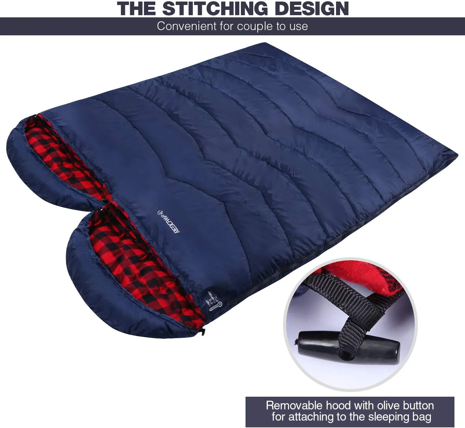 REDCAMP Flannel Sleeping Bag for Adults, Comfortable Cotton Sleeping Bags for Camping with Detachable Hood, Red/Grey/Blue