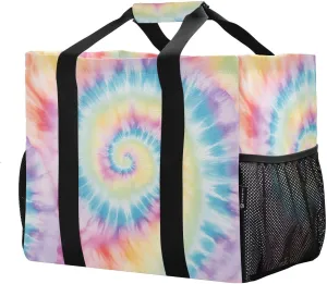 Reusable Grocery Bags with Reinforced Handles & Side Pockets, Tie Dye Waterproof Beach Tote Bag Large Foldable Handbags for Shopping, Travel, Gym